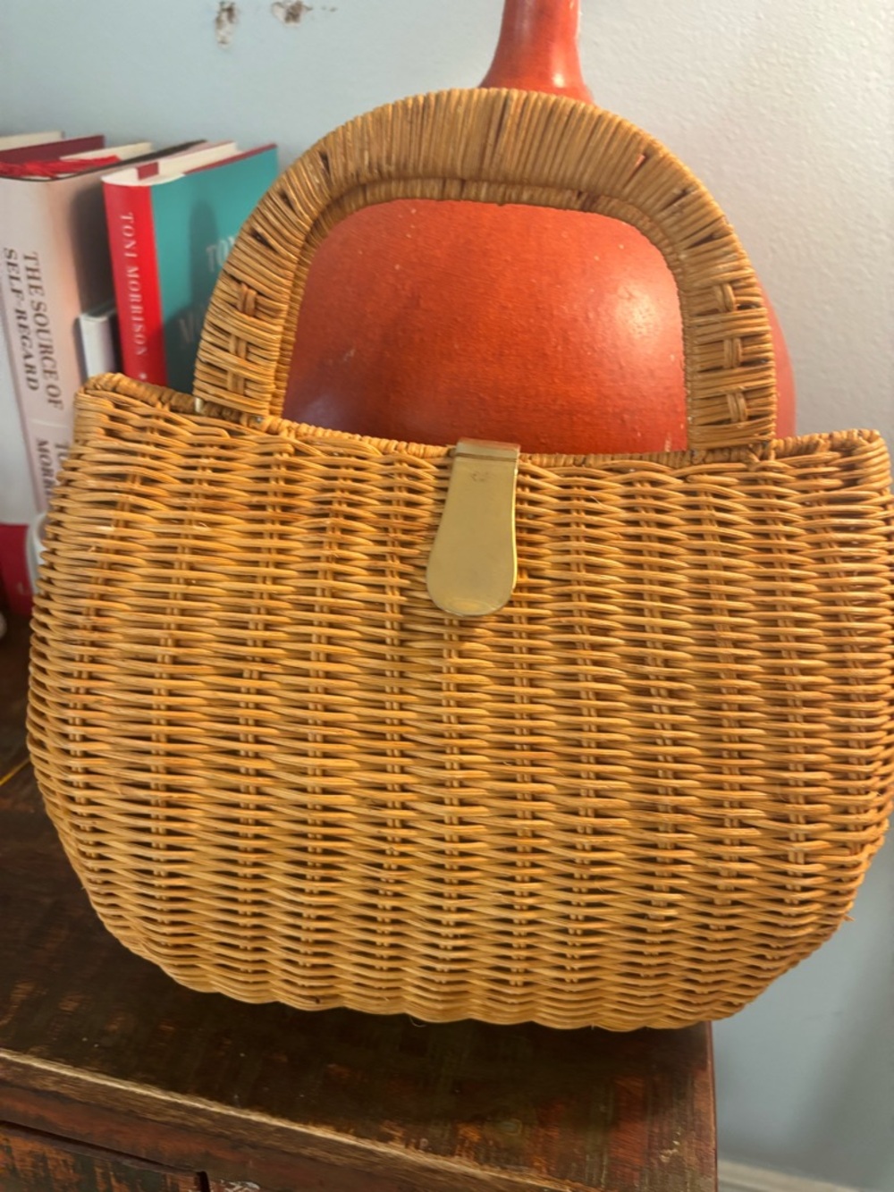Woven Straw Tote Bag in Natural Tan with Gold Accent